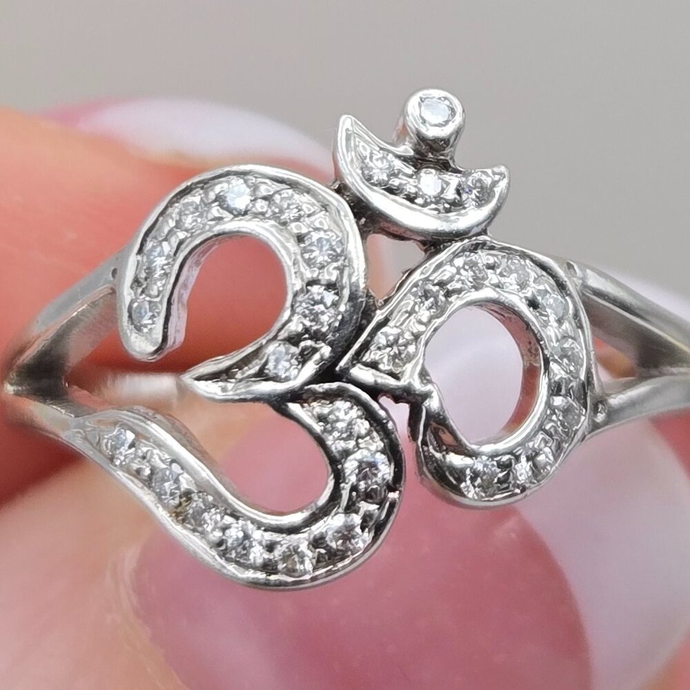 14K White Gold Om Diamond Ring